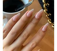 ToVii Ombre Pink French False Nails Almond Shape, Glossy Gradient Pink Press on Nails Medium Stiletto, Natural Fake Nails Stick on Nail for Women Daily Wear 24 Pcs