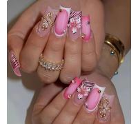 ToVii Pack of 24 Y2K Pink Leopard Flowers 3D Glitter Stripes Long Coffin Nail Tips, Chic Sticky False Nail for Press On, Suitable for Women and Girls