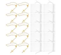 TOVINANNA 12 Sets Rosary Baptism Bracelets with Pearl Cross, Mini Catholic Prayer Bracelets Bulk for Baptism, Holy Communion, and Religious Party (imitation Gold + White, 7x9cm)