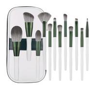 TOVINANNA 12pcs Green Makeup Brush Set with Soft Synthetic Bristles for Contouring and Highlighting, Aluminium Tube Handles, Includes Leather Bag for Professional Cosmetic Use