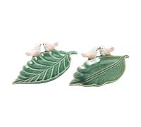 TOVINANNA 2pcs Leaf Shaped Ceramic Birdbath Bowls Weather Resistant Ground Bird Bath Feeder Bowls for Wild Birds Nonslip Design and Year round Outdoor Use