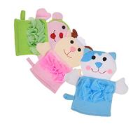 TOVINANNA 3pcs Cartoon Animal Bath Gloves for Kids, Soft Exfoliating Shower Mitts with Foaming Sponge, Comfortable Baby Washcloths for Gentle Bathing, Blue Cat Pink Calf Green Design