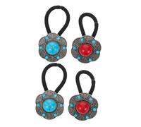 TOVINANNA 4pcs Boho Hair Ties Ethnic Style High Elastic Hair Bands with Vintage Lotus Flower Design for Women Soft Handmade Floral Ponytail Holders in Red and Blue for Wedding Beach Party