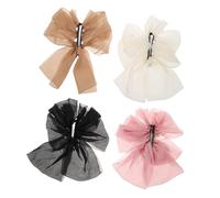 TOVINANNA 4pcs French Style Bow Banana Hair Clips, Multi-layer Bowknot Ponytail Holder Clips for Women, Vintage Cute Hair Accessories in Black, Khaki, Ivory, and Pink for Casual and Party Hairstyles