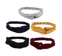 TOVINANNA 5 Pcs Knitted Cotton Cross Hairbands for Women, Stretchy Plain Headbands, Elastic Knot Hair Wraps in Grey, Black, Mustard, Wine Red, Navy - Soft Hair Accessories for Daily Wear