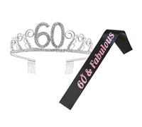 TOVINANNA 60th Birthday Party Sash and Rhinestone Crystal Crown Hair Comb Set with Letter Printing Etiquette Belt for Women Birthday Celebration Accessories