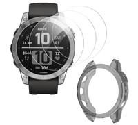 ToVioc [3+1 Pack Watch Screen Protector for Garmin Fenix 7 47mm/7 Solar/7 Sapphire Solar, Tempered Glass Film 9H Anti-Scratch HD + TPU Case Cover for Garmin Fenix 7 47mm - Black