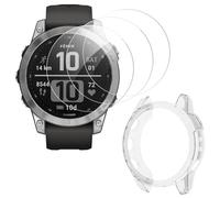 ToVioc [3+1 Pack Watch Screen Protector for Garmin Fenix 7 47mm/7 Solar/7 Sapphire Solar, Tempered Glass Film 9H Anti-Scratch HD + TPU Case Cover for Garmin Fenix 7 47mm - Transparent