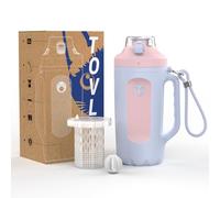 tovls 32oz Insulated Leakproof Water Bottle with Handle & Magnetic Blender - 1L BPA Free Sports Jug for Baseball Football Golf Gym & Outdoor Activities (Blue & Pink)