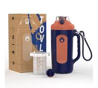 tovls 32oz Insulated Water Bottle Multi-Function Sports Jug with Handle & Magnetic Blender - Leak Resistant for Baseball Football Gym & Outdoor Activities (Navy Blue & Coral Orange)