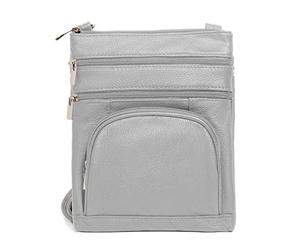 TOVOSO Crossbody Bag for Women, Genuine Leather Multi-Pocket Purse with Adjustable Strap, RFID Protection, Built-In Wallet, Grey, L