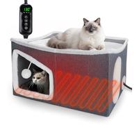 Tovve Heated Cat House for Indoor, Large Cat Bed with Heating Pad, Adjustable Temperature&Timing, with Fluffy Ball Hanging and Scratch Pad, Foldable Cat Hideaway for Small Medium and Large Cats (XXL)