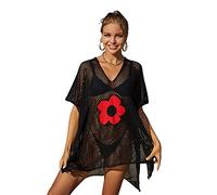 TOWARDSNAN Crochet-Cover Ups for Womens Hollow-Out Short Sleeve Bikini-Swimsuit Swimwear Side Split Long Beach-Dresses Bathing Suit Beach-bikini Cover Up Sheer Mesh-dress See-through