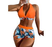TOWARDSNAN Two Piece Bathing Suit Print Backless-Bikini High Waist Tankini Hanging-Neck Bathing Suit Set for Women Girl Teen White High Waisted-bikini for Women