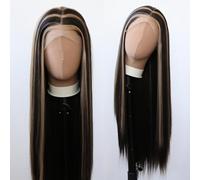 Towarm Balayage Wig Black Highlight #27 Middle Part Synthetic Lace Front Wigs for Black Women Long Straight Natural Heat Resistant Fiber 13x3.5inch Hand Tied Cosplay Wig (Piano Color 1B/#27)