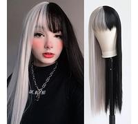 Towarm Long Straight Half Black and Grey Wig with Bangs Synthetic None Lace Front Wig with Fringe Natural Fashion Heat Resistant Ladies Full Wigs Cosplay Daily Wear Wig (Black Grey, Straight)