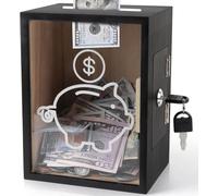 TOWEBOORY Clear Piggy Bank with Lock, Wooden Tips Jar Tip Collection Box with Key, Reusable, Openable, Money Coin Storage, for Birthday Gift Home Decoration (15x12x20cm)