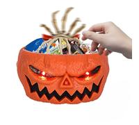 TOWEBOORY Halloween Pumpkin Candy Bowl Dish, Animated Halloween Skull Bowl with Creepy Moving Skeleton Hand LED Eyes and Scary Sound Electric Candy Dish for Haunted House Bar Horror Party Decoration