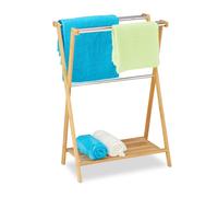 Relaxdays Free-Standing Bamboo Towel Holder, HxWxD: 87 x 58.5 x 36 cm, 5 Rails and 1 Shelf, Clothes Stand, Natural