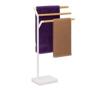 Relaxdays Standing Towel Rack, HxWxD: 75 x 38.5 x 18 cm, Metal, Bamboo, 3 rods, Bathroom, White/Natural, Plastic, Iron