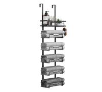 Towel Rack Wall Mounted 6-Tier Over The Door, Metal Hanging Towel Rack with Storage Basket for Small Bathrooms,Back Door Large Tiered Towel Holder Hanger for Rolled Towels RV Camper BLACK