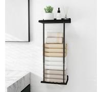 Towel Rack Wall Mounted, Adjustable Towel Holder Self Adhesive with Shelf and 3 Hooks, Metal Bath Towel Holder for Folded Large Towel Washcloths, Black