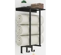 Towel Rack Wall Mounted, BETHOM Bathroom Towel Storage with Shelf and 3 Hooks for Small Bathroom, Bathroom Towel Holder Can Holds Up to 3 Large Size(160 x 100 cm) of Rolled Towels, Black