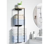 Towel Racks for Bathroom, 2 Tier Wall Towel Holder with Wood Shelf, Metal Wall Mounted Towel Rack Bathroom Organizers and Storage, Black