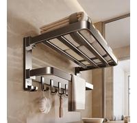 Towel Rail, 60 cm Wall Mounted with 9 Towel Hooks, 2 Tiers, Aluminium + Carbon Steel Bath Towel Holder, No Drilling, Double 90° Folding Towel Rail for Bathroom, Kitchen