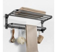 Towel Rail with Towel Bar Holder, Towel Rail with 5 Hooks, Towel Rack Wall Mounted Foldable, Drilling, 2-Tier Towel Storage with Shelf for Bathroom, Lavatory, Hotel, Grey, Aluminum (58cm)