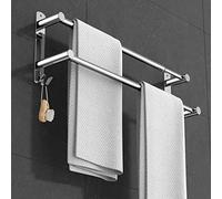 Towel Rails Wall Mounted Adjustable Towel Bars Stainless Steel Self Adhesive Towel Rack With Hooks 43-78CM Towel Shelves for Kitchen Bathroom (Silver 2-shot)
