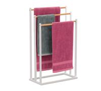 Relaxdays standing towel rack, HxWxD: 76 x 45 x 21.5 cm, metal, bamboo, 3 rods, bathroom, white/natural
