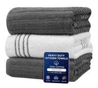 Towelogy Cotton Kitchen Tea Towels Ribbed Terry - Pack of 3, Absorbent, 70 x 40 cm Grey/White Dish Towels