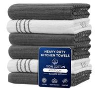 Towelogy Cotton Kitchen Tea Towels Ribbed Terry - Pack of 6, Absorbent, 70 x 40 cm Grey/White Dish Towels