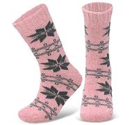 Towelogy Merino Wool Thermal Socks for Women, 1 Pair Thick Soft Fluffy Cozy Bed Socks, Warm Heated Feel Winter Lounge Crew Socks UK 4-8 (1, Pink Fairisle)