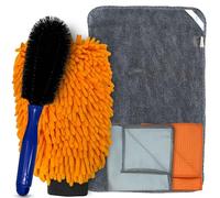 Towelogy Professional Car Washing Kit with Ultra Soft Wash Mitt, Double Sided Microfibre Drying Towel, Flexible Wheel Brush, and 2x Glass Cleaning Cloths | Deep Clean Wash Kit for Cars (Grey)