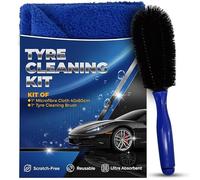 Towelogy Tyre Cleaning Kit with Edgeless Microfibre Cloth & Heavy-Duty Brush | 40x60cm Scratch-Free Towel for Wheels, Rims & Tyres | Car Detailing Kit (2, Blue Tyre Kit)