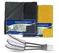 Towelogy Window Cleaning Kit - 2x Dual-Sided Microfibre Cloths (40x40cm) + Blind Duster Brush - Reusable, Streak-Free Glass Cleaner for Home, Mirrors & Windows (3, Grey/Yellow Kit)