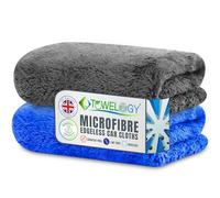 Towelogy® X009 Microfibre Edgeless Car Cleaning Cloths for Detailing Washing & Drying 500GSM Long Plush Fibres Auto Towels 40x40cm (Grey/Blue, 2)