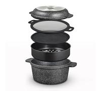 Tower 24cm Lightweight Cast Aluminium Multi-Functional Casserole Dish/Dutch Oven/Stew Pot with Steamer Insert, Domed Lid (Shallow Hob Dish) & Silicone Trivet, Black