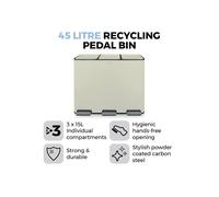 Tower Recycling Pedal Pin with three 15L Compartments, Carbon Steel Body, Three Inner Buckets, 45L, Cream, T838021C