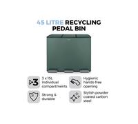 Tower Recycling Pedal Bin, Three 15L Compartments with Removable Inner Buckets, Carbon Steel Body, 45L, Forest Green
