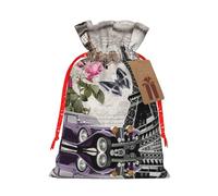 Tower And Car Print Festive Red Drawstring Bag, Small Favors Pouch Ideal For Christmas Party Gifting-S Size