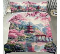 Tower and Cherry Blossoms Double Duvet Cover Zen Floral Reversible Printed Quilt Cover Set, Super Soft Breathable Brushed Microfibre Duvet Covers with Hidden Zipper & Corner Ties