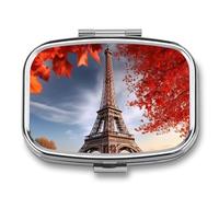 Tower and Red Leaves Pill Box 2 Compartments Portable Travel Pill Case Mini Medicine Organizer for Pocket Purse Metal Waterproof Medicine Container Holder Vitamin Fish Oil