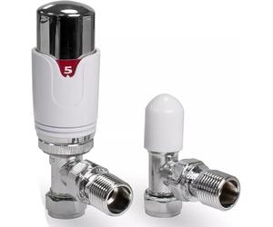 Tower Auto Self Balancing Angled Thermostatic Radiator Valves + Lockshield 15mm Drayton TRV4 Style Pack TRV4PSB