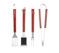 Tower 4 Piece BBQ Tool Set with Red Maple Wood Handles, Spatula, Fork, Tongs & Cleaning Brush, Stainless Steel