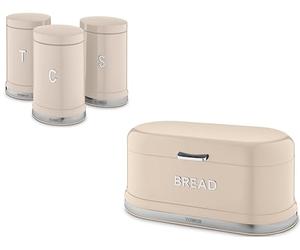 Tower Belle Chantilly Bread Bin & Tea, Coffee & Sugar Canisters. Stylish Parisian Design Kitchen Storage Set in Cream