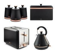 Tower Black & Rose Gold Cavaletto Pyramid Kettle 2 Toaster Bread Bin Canisters