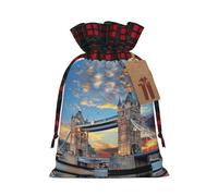 Tower Bridge In London Christmas Drawstring Linen Gift Bag Paired With Scottish Plaid Fabric, With A Delicate And Simple Texture